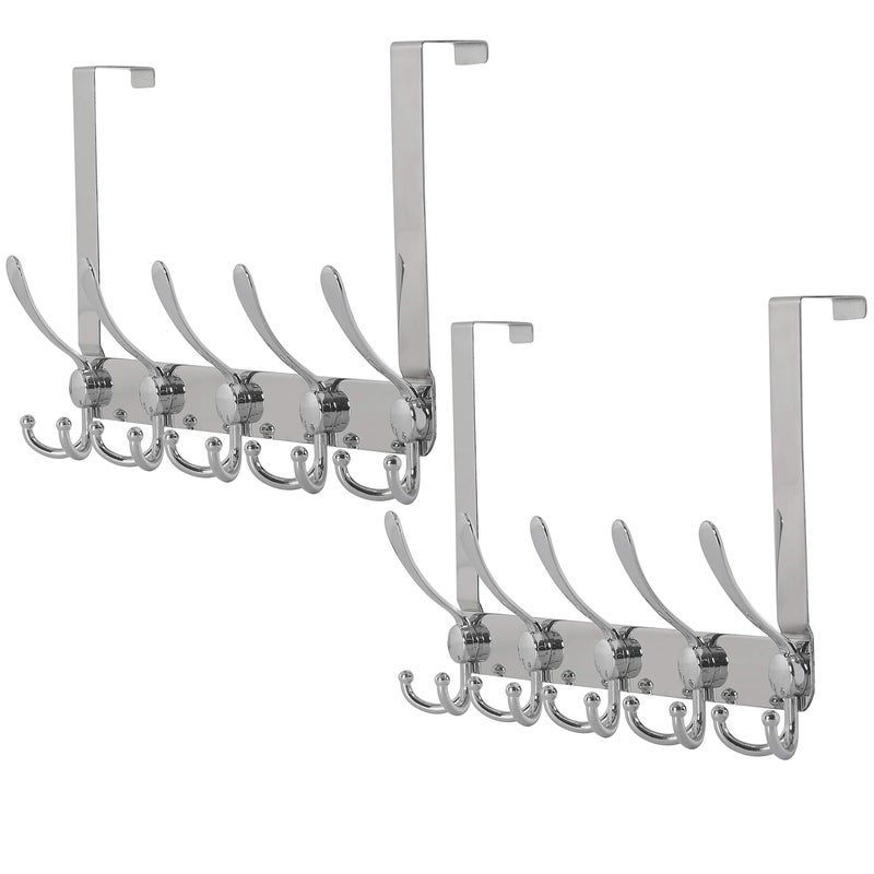 Dseap Over The Door Hook Hanger - Fits 1 3/8" to 1 3/4" Standard Doors | 5 Tri Hooks Heavy Duty Towel/Coat Rack | Door Organizer for Clothes, Jackets, Hats, Towels, Chromed, Pack of 2 - Image 1